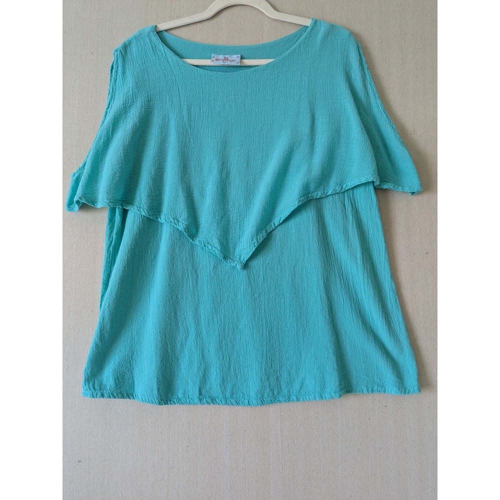 CottonWays Gauze Top Women Size 2 Lg Turquoise Boho Double Layer Pointed Relaxed